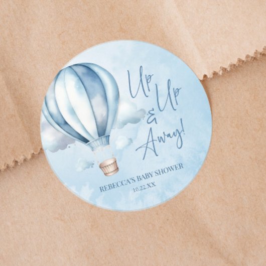 Omhoog en weg! Blauwe heteluchtballon Baby shower Ronde Sticker