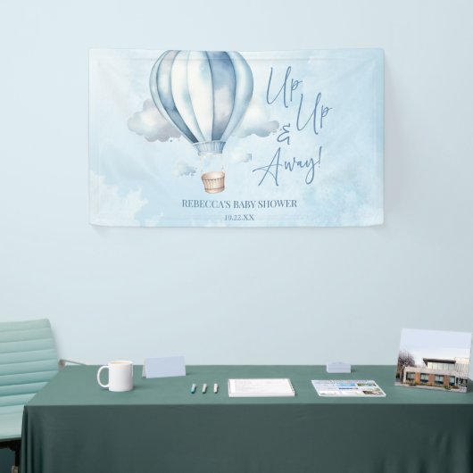 Omhoog en weg! Blauwe heteluchtballon Baby shower Spandoek (Beurs)