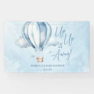 Omhoog en weg! Blauwe heteluchtballon Baby shower Spandoek