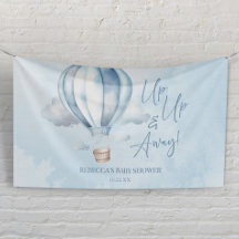 Omhoog en weg! Blauwe heteluchtballon Baby shower