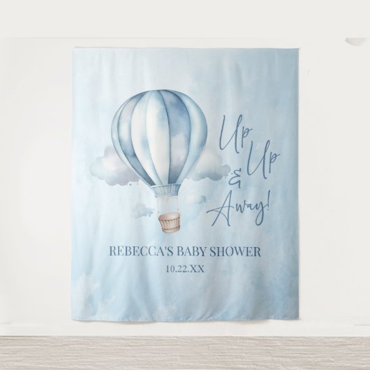 Omhoog en weg! Blauwe heteluchtballon Baby shower Wandkleed (Voorkant)