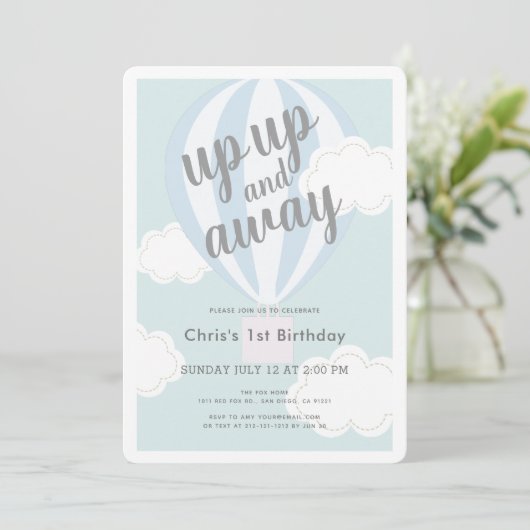 Omhoog en weg Blue Hot Air Balloon 1e verjaardag Kaart (Staand voorkant)