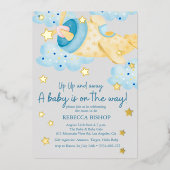 Omhoog en weg Geel Grijs Vliegtuig Baby shower Folie Uitnodiging (Voorkant)
