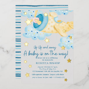 Omhoog en weg Geel Grijs Vliegtuig Baby shower Folie Uitnodiging