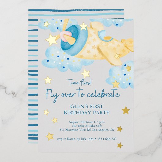 Omhoog en weg Geel Grijs Vliegtuig Verjaardagsjong Folie Uitnodiging (Voorkant / Achterkant)