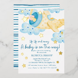 Omhoog en weg Geel Vliegtuig Baby Jongen Douche Folie Uitnodiging