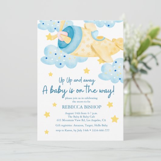 Omhoog en weg Geel Vliegtuig Baby Jongen Douche Kaart (Staand voorkant)