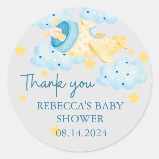 Omhoog en weg geel vliegtuig dank u ronde sticker (Voorkant)