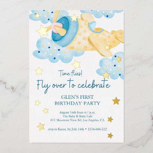 Omhoog en weg Geel Vliegtuig Verjaardagsjongen Folie Uitnodiging (Voorkant)