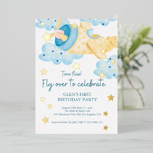 Omhoog en weg Geel Vliegtuig Verjaardagsjongen Folie Uitnodiging (Staand Voorkant)