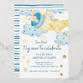 Omhoog en weg Geel Vliegtuig Verjaardagsjongen Folie Uitnodiging