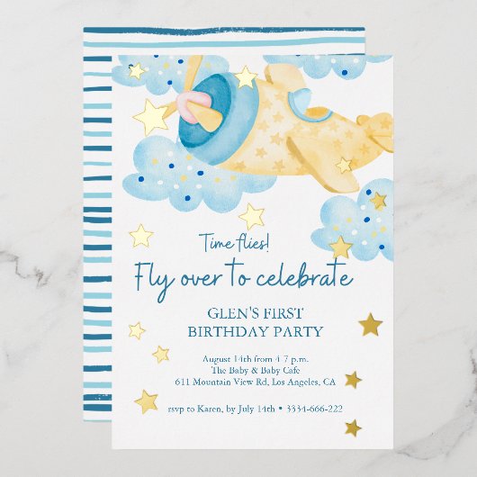 Omhoog en weg Geel Vliegtuig Verjaardagsjongen Folie Uitnodiging (Voorkant / Achterkant)