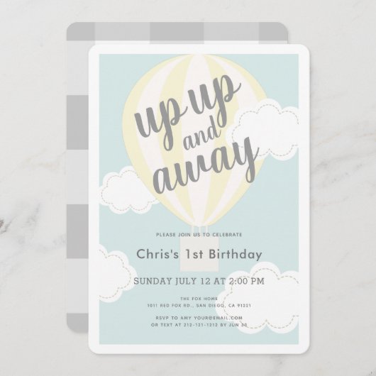 Omhoog en weg gele heteluchtballon 1e verjaardag kaart (Voorkant / Achterkant)