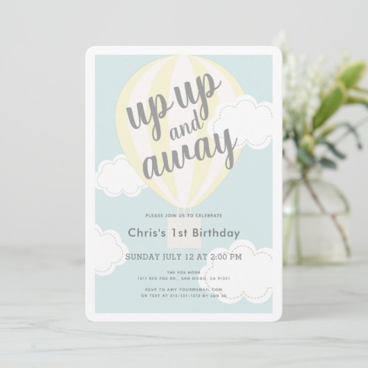 Omhoog en weg gele heteluchtballon 1e verjaardag kaart (Staand voorkant)