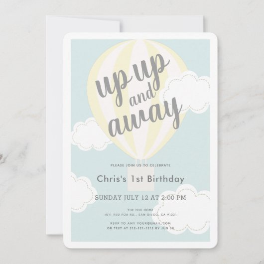 Omhoog en weg gele heteluchtballon 1e verjaardag kaart (Voorkant)