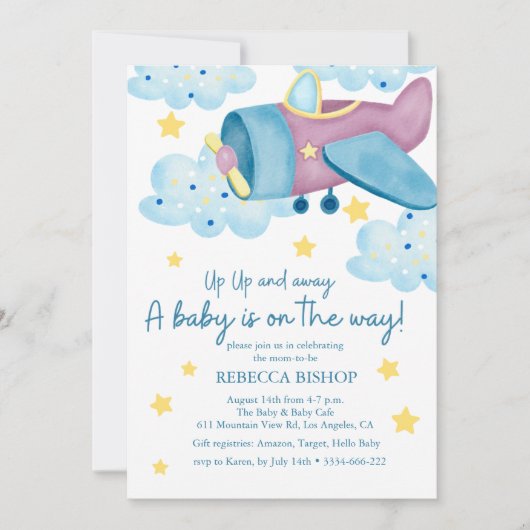 Omhoog en weg Paarse Vliegtuig Baby Boy Shower Kaart (Voorkant)