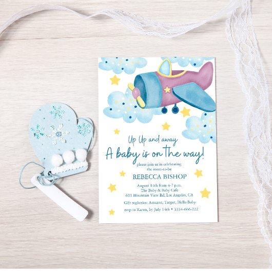Omhoog en weg Paarse Vliegtuig Baby Boy Shower Kaart