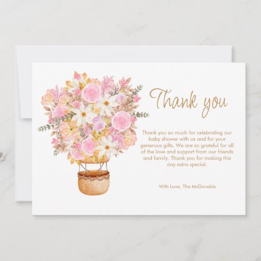 Omhoog en weg Roze Bloemenballon Baby shower Bedankkaart (Voorkant)