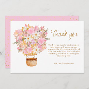 Omhoog en weg Roze Bloemenballon Baby shower Bedankkaart