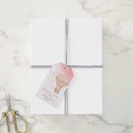 Omhoog en weg Roze Hete Luchtballon Baby shower Cadeaulabel (Met Touw)