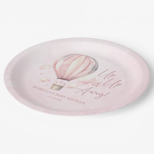 Omhoog en weg! Roze Hete Luchtballon Baby shower Papieren Bordje (Gekanteld)