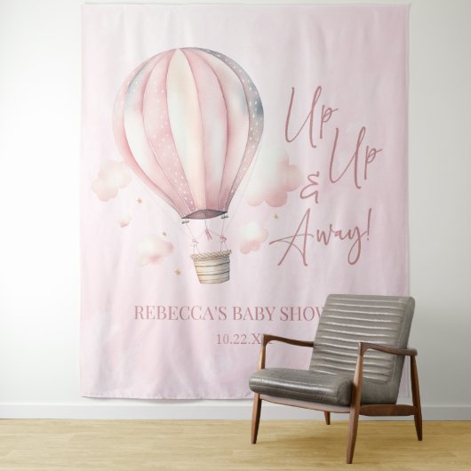 Omhoog en weg! Roze Hete Luchtballon Baby shower Wandkleed (In situ)