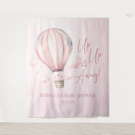 Omhoog en weg! Roze Hete Luchtballon Baby shower Wandkleed (Voorkant)