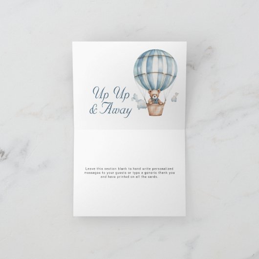 Omhoog en weg! Teddy Bear Balloon Baby shower Bedankkaart (Binnen)