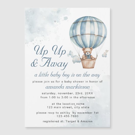 Omhoog en weg! Teddy Bear Balloon Baby shower Magnetische Uitnodiging (Voorkant)