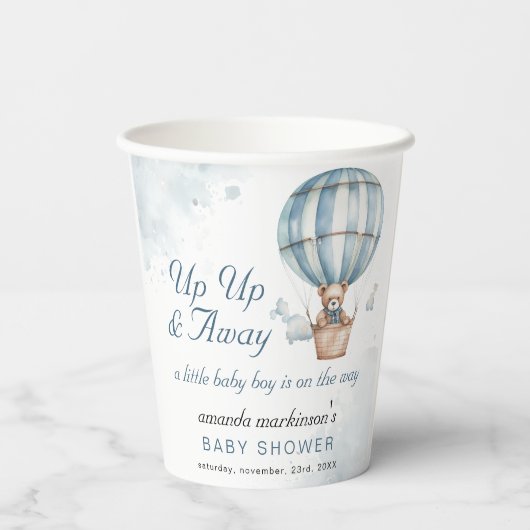 Omhoog en weg! Teddy Bear Balloon Baby shower Papieren Bekers (Achterkant)