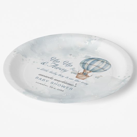 Omhoog en weg! Teddy Bear Balloon Baby shower Papieren Bordje (Gekanteld)