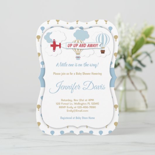 Omhoog en weg! Uitnodiging voor baby shower (Staand voorkant)