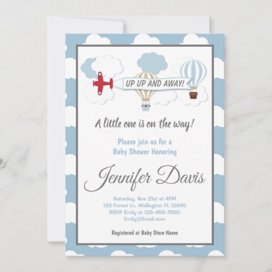 Omhoog en weg! Uitnodiging voor baby shower (Voorkant)