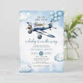 Omhoog, omhoog en weg Baby shower Blue Balloon Kaart (Staand voorkant)