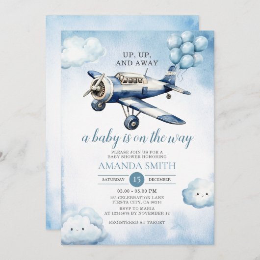 Omhoog, omhoog en weg Baby shower Blue Balloon Kaart (Voorkant / Achterkant)