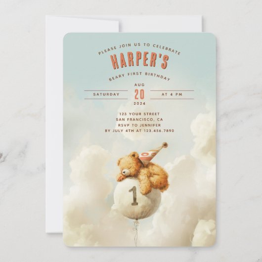 Omhoog, Omhoog en Weg Beer-thema Eerste Verjaardag Kaart (Achterkant)