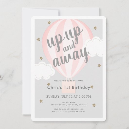 Omhoog, omhoog en weg hete luchtballon Roze 1e ver Kaart (Voorkant)
