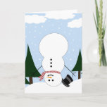 Omhoog Snowman Feestdagen Kaart<br><div class="desc">Cute sneeuwman op zijn hoofd met een winterscène met wolken,  evergroene bomen en sneeuwvlokken. Pas het aan door uw eigen tekst toe te voegen of het te verlaten zoals het is.</div>