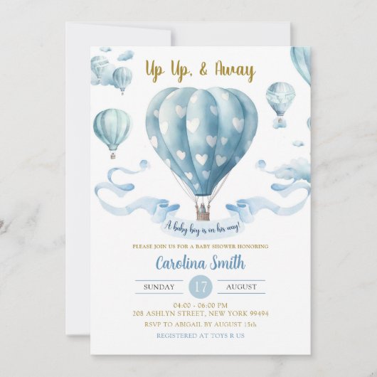 Omhoog & weg Blauwe Hete Luchtballonjongen Baby sh Kaart (Voorkant)