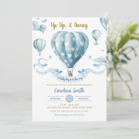 Omhoog & weg Blauwe Hete Luchtballonjongen Baby sh Kaart (Staand voorkant)