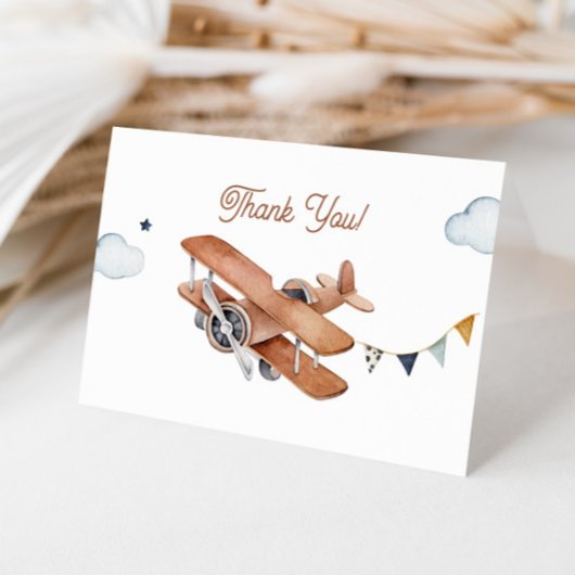 Omhoog & weg,  Waterverf Vliegtuig Baby shower Bedankkaart