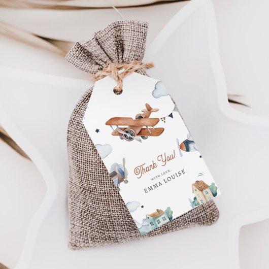 Omhoog & weg, Waterverf Vliegtuig Baby shower Cadeaulabel