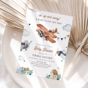 Omhoog & weg, Waterverf Vliegtuig Baby shower Kaart