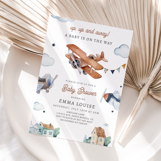 Omhoog & weg,  Waterverf Vliegtuig Baby shower Kaart