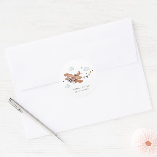 Omhoog & weg,  Waterverf Vliegtuig Baby shower Ronde Sticker (Envelop)