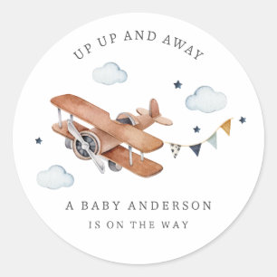 Omhoog & weg,  Waterverf Vliegtuig Baby shower Ronde Sticker