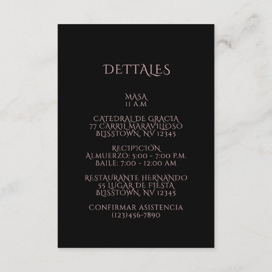 Omhulling Spaans Quinceañera Roos Informatiekaartje (Achterkant)