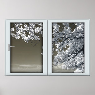 Ominous White Tree Blossom Faux Window Illusion Poster
