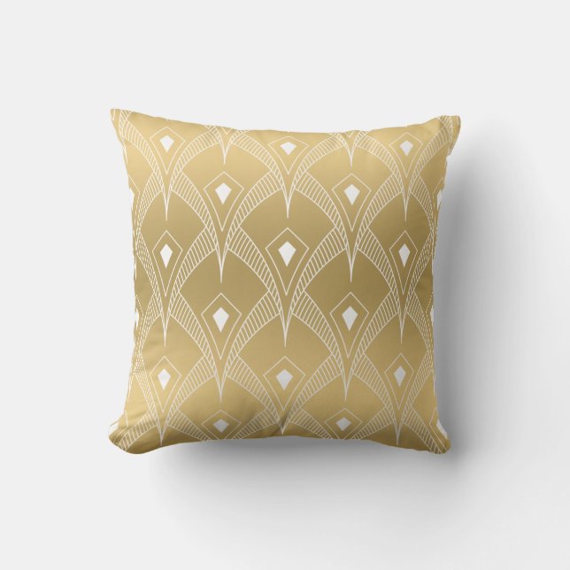 Omkeerbaar Wit & Goud Art-Deco Patroon Kussen (Voorkant)