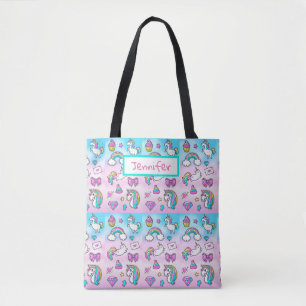 Omkeerbare aangepaste Unicorn-meisjes roze blauwe  Tote Bag